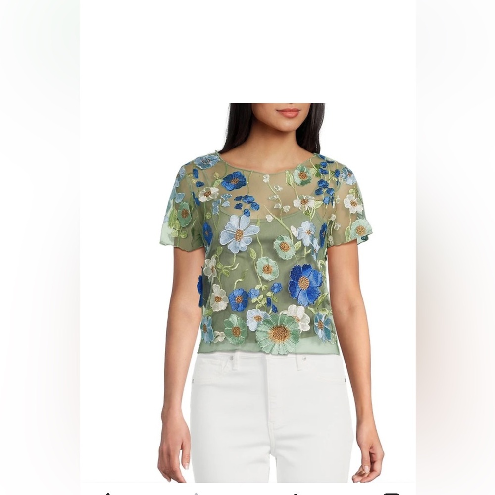 Embroidered Floral Mesh Blouse - Green